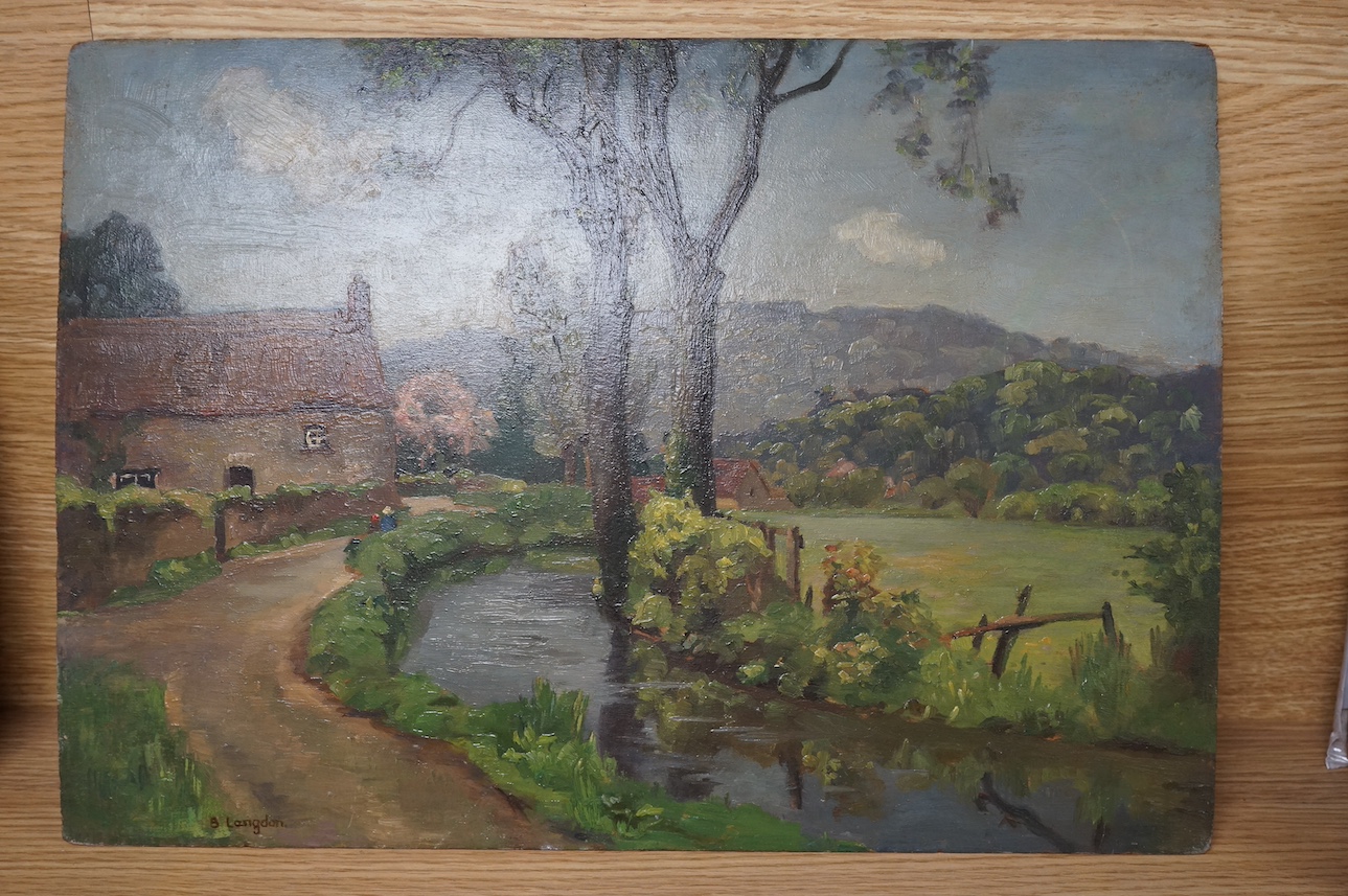 Two 20th century oils on board comprising; Roland E. Sherrington, ‘Sennen Cove, Cornwall’, signed, exhibition label verso and B. Langdon, Village scene, each unframed, largest 29 x 40cm. Condition - fair